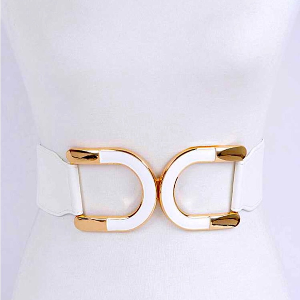White & Gold Enamel Buckle Waist Statement Belt